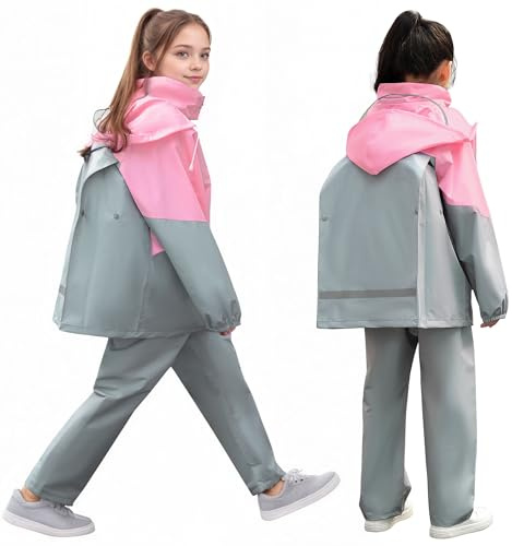 FILOWA Waterproof Suit Girls Lightweight Kids Jacket and Waterproof Trouser Set Raincoat Breathable Hooded Rain Coat & Pants with Button Rainwear Outdoor Park Rain Suit for Teenager 13-14 Years, Pink