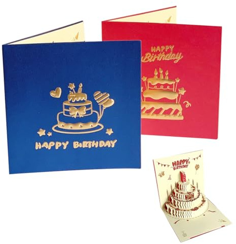 GHPKOTW 2 Sets Feliz Cumpleaños Tarjetas Con Sobres, Pastel de cumpleaños 3D, Pop Up Tarjeta de cumpleaños, adecuadas para mujeres, hombres y niños, Rojo y Azul
