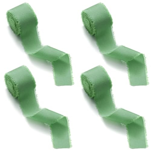 Zyiphor 4 Rollos Cinta de Gasa con Flecos, Cinta Tela 4 cm x 20m Largo Extra Cinta Verde Claro Hecha a Mano, para Bodas, DIY, Envolver Regalos, Lazos, Decoración