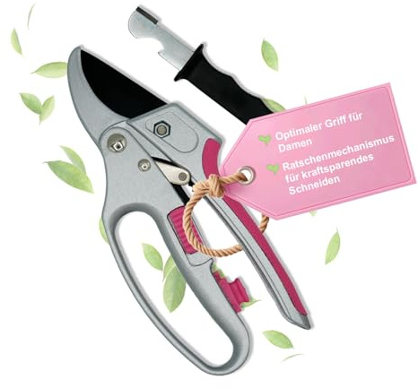 VanFlake Amboss Gartenschere – Robuste Garten Schere mit Ratschenmechanismus für müheloses Schneiden – Inklusive Klingenschleifstein und Antirostschwamm – Ideal für dicke Äste, Sträucher & Blumen