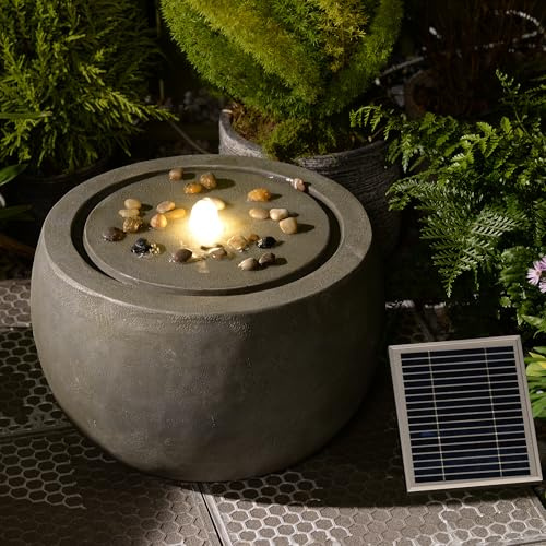Springbrunnen für außen mit Akku, LED Licht & Sprudelstein – Inkl. Pumpe und Kieselsteinen – Betonoptik Grau (Garten, Terrasse，Balkon) 45x45x29cm