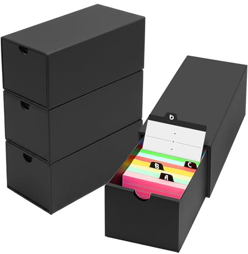 QUOTRE Boîte à Fiches, 4 Boîte d'index Noire, peut contenir 4000+ fiches, adapté à l'apprentissage, à la prise de notes, à l'école et au travail de bureau