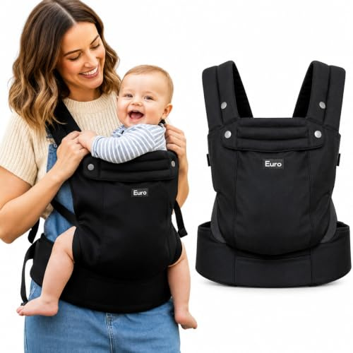 Euro Baby Carrier, Ergonomic Newborn to Toddler Carrier 3.5–20kg (3–36 Months), Adjustable Front Carry, Padded Lumbar Support, Breathable Cotton, Hands-Free Infant Sling – Black