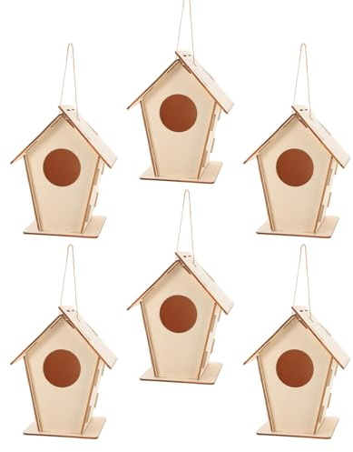 MOLUCKFU 6 Piezas Kit de Casas de Pájaros de Madera sin Terminar para Pintar con Cuerda Colgante Preperforadas y Fáciles de Montar Manualidades DIY para Jardín y Exteriores