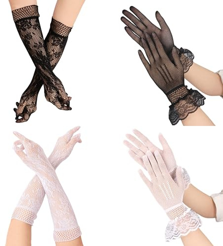 Pushiibee Guanti in Pizzo, 4 Paia Guanti in Pizzo Donna, 2 Taglie Lace Gloves Guanti da Sposa Eleganti Bianchi Neri Corti Lunghi Guanti Donna per Matrimonio Festa Ballo