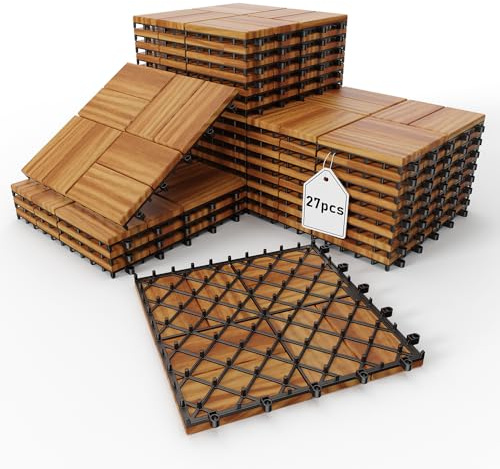 27 PCS 12 X 12 Acacia Deck Tiles, Waterproof Interlocking Deck Tiles for Indoor/Outdoor Wood Flooring, Easy DIY Snap Together Patio Flooring for Balcony, Backyard, Deck & Pool Area