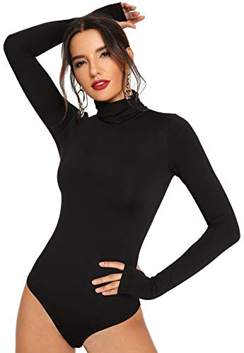 Floerns Women's Solid Leotard Long Sleeve Turtleneck Bodysuit A Black M