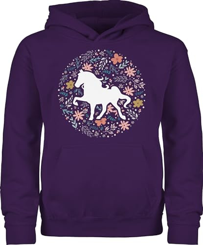 Kinder Hoodie Jungen Mädchen - Pferde - Pferd mit Blumen - 152 (12/13 Jahre) - Lila - pferdepullies pferdepullover reiten horses pullover reitbekleidung reithoodies pferdeliebhaber tiermotiv pulli