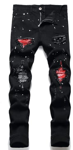 OIIIO Men's Patch Ripped Stretch Regular Fit Jean, 6616-black, 30