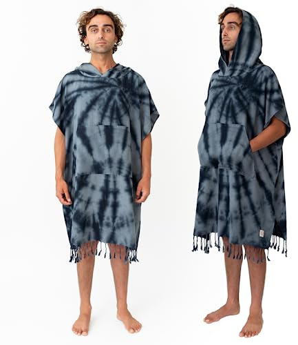 Nova Blue Surf Poncho – Large Changing Towel (33 x 37) – 100% Cotton Hooded Towel Adult for Surf Beach Pool and Swim (Black tie-dye)