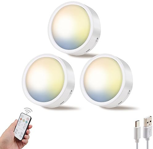 Helcona Wireless Under Cabinet Lighting,LED Puck Lights with Remote Control,3 Color Dimmable Timing Function Push Lights Ideal for Kitchen Cabinets, Bedrooms, Closets, Garage and More 3 Pack