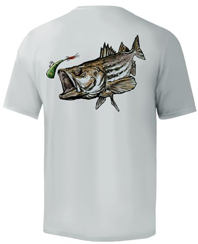 Palmyth Men's Fishing Shirt Short Sleeve Sun Protection UV UPF 50+ SPF T-Shirt (Grey/Striped Bass,XL)