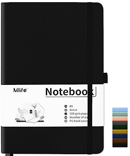 Mlife Notebook A5,Dotted Journal Buch mit 200 Seiten, Premium 100gsm Tintenfestes Papie Dickes,PU Hard Cover Notizbuch,Innentasche,Elastisch Gebändert,bullet journal&Dotted Notizblock A5(Schwarz)