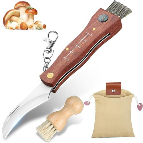 DRGSKL Tragbares Pilzmesser Set Taschen-Klappmesser mit Bürste und Braun Tasche für Garten Outdoor Ernte Geschenk