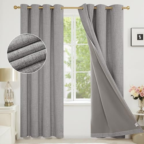 Deconovo Full Blackout Curtains Eyelet, Faux Linen Door Thermal Curtains for Living Room, 46 x 90 Inch(Width x Length), Light Grey, One Pair