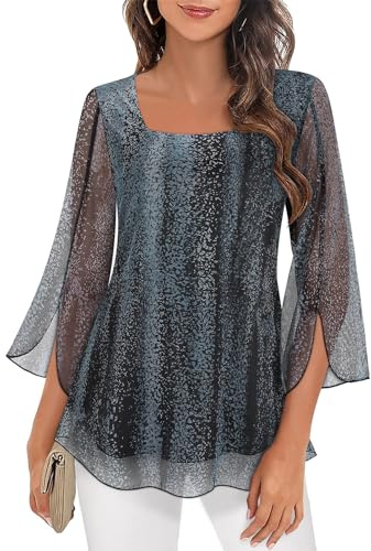 Syphiby Chemisiers pour femmes à manches 3/4 avec volants, hauts de tunique amples et fluides à col carré en mousseline de soie à double couche, chemises en maille M-3XL, M