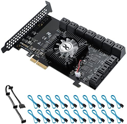YBBOTT PCIE 4X SATA Card 20 Ports, 6 Gbit/s PCI Express to SATA 3.0 Controller Card with 20 SATA Cables, Non-Raid SATA Expansion for Windows XP/Server 2003/Vista/7/8/10/Linux (ASM1064 + ASM1812)