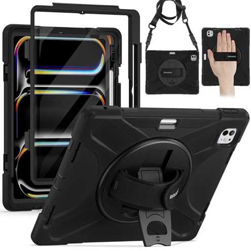 BRAECN for iPad Pro 13 inch Case M5/M4 2025/2024, Heavy Duty Shockproof Rugged Protective with Screen Protector, 360°Rotating Stand, Pencil Holder,Hand Shoulder Strap Full Body Cover Kids Friendly