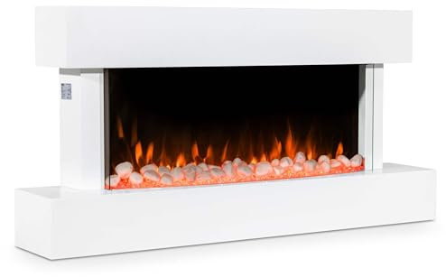 Baridi 46 Wall Mounting 1000W/2000W Electric Fireplace with LED Flame Effects, Side Glass Decoration and Pebble Accessories, White - DH113