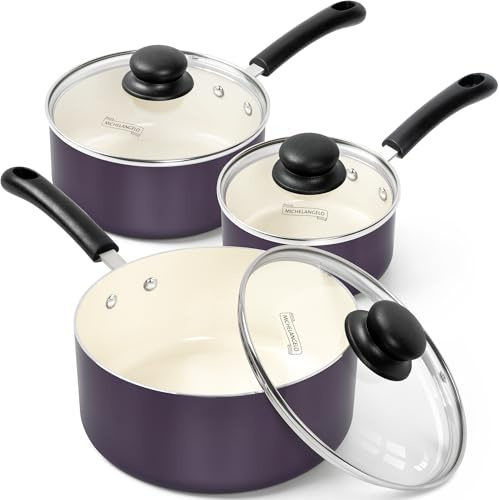 MICHELANGELO Nonstick Sauce Pan with Lid, Ceramic Saucepan Set, Non Toxic Small Saucepans Sets with Stay-Cool Handle, Induction Pots For Cooking, PTFE & PFOA Free - 1Qt & 2Qt & 3Qt, Purple