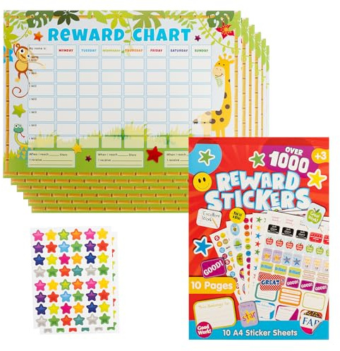 6 Reward Charts and 100+ Stickers - Reward Charts for Children Behaviour, Potty Training Stickers for Girls and Boys, Customisable, Educational and Rewards Good Behaviour