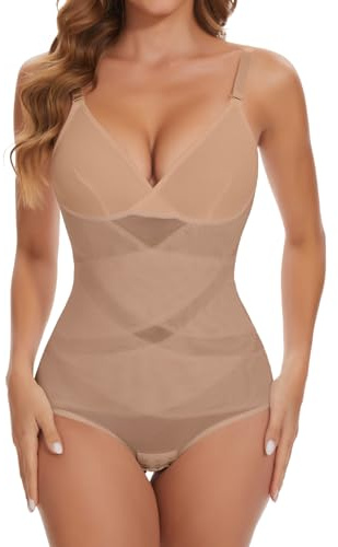 SHAPERIN Body Modellante Donna Pancia Piatta Body Dimagrante Snellente Shapewear Bodysuit con Scollo a V Faja Body Shaper, Beige, M