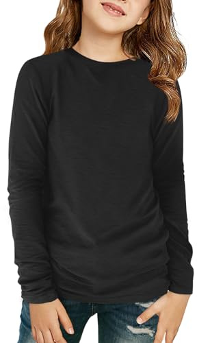 Haloumoning Flicka långärmad tröja barn rund hals långärmad t-shirts enfärgad casual sport toppar höst söt basic t-shirts toppar 7–14 år, svart, 9-10 år