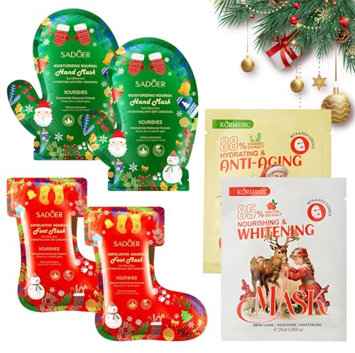 2 Paia Maschera Piedi Esfoliante + 2 Paia Maschera Mani + 2Pezzi Maschere Viso Natalizie, Maschere Piedi Idratanti,Foot Mask, Hand Mask