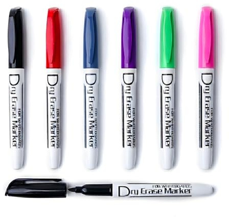 Volcanics Whiteboard Pens Fine Tip, Dry Wipe Pens Low Odour, Whiteboard Markers Assorted 6 Colours, Thin Barrel Pack of 6 for Office, Meeting, Classroom & Home