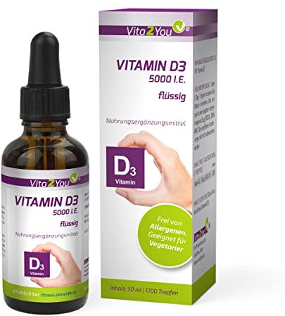 Vita2You Vitamin D3 5000 IE flüssig 50ml - (5.000 IE pro Tropfen) - Hochdosiert - 1700 vegetarische Tropfen - Vitamin D (Cholecalciferol) - Hohe Bioverfügbarkeit durch MCT-Öl - Premium Qualität
