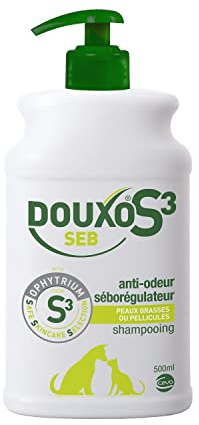 DOUXO S3 SEB Shampooing Anti-Odeur et séborégulateur, pour Chiens et Chats avec des pellicules, Poils Gras et Mauvaises odeurs pour Chiens et Chats, 500ml