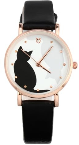 POPETPOP Montre à Quartz pour Enfants avec Bracelet en Cuir synthétique Motif Chat, Noir, 21X3.4CM, Sangle