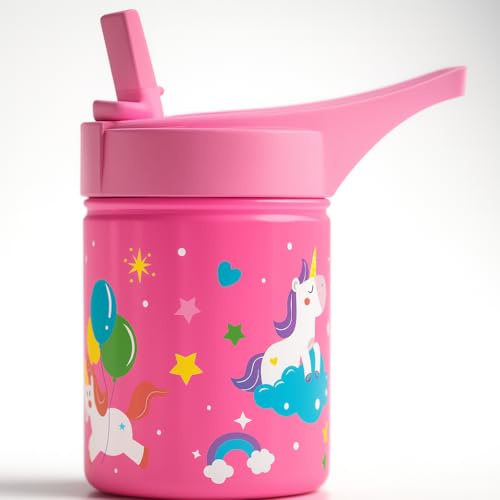 Be-Active Barnvattenflaska i rostfritt stål med sugrör | BPA-fri | vattenflaska för barn | 350 ml | barnskola flickor pojkar sportflaskor (rosa)