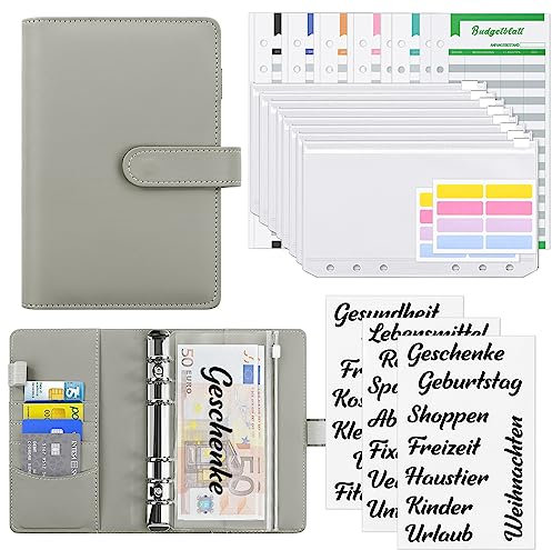 KONVINIT Budget Planner Deutsch,A6 Budget Binder mit Geldumschläge und Budget Blätter,Finanzplaner Umschlagmethode für Sinking Funds Geld Sparen,Bugetplaner Startset,grau