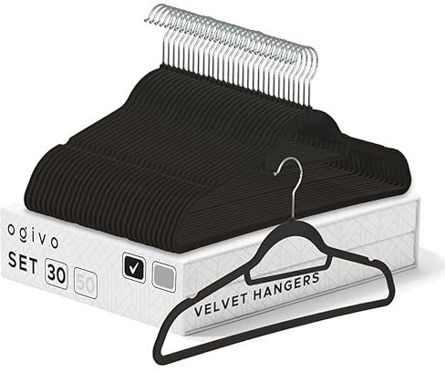 OGIVO Samt Kleiderbügel - 30er Set - rutschfest Bügel für Ihren Garderobe - kleine Stange für Krawatten - Haken um 360° drehbar - Einkerbungen im Schulterbereich - Hangers Clothes (Schwarz)