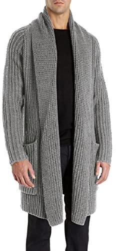 Runcati - Suéter tipo cárdigan con cuello tipo chal largo para hombre, suéter de punto grueso para otoño e invierno, chaqueta de punto con frente abierto, gris, M