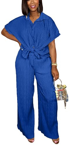 Dezraia Wide Leg Pants Sets Women Casual 2 Piece Outfits Button Down Shirt Linen Pants Crinkle Set Pantsuit Blue