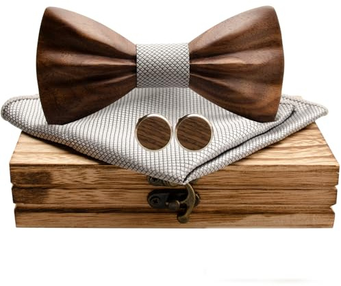 Mens Wooden Bow Tie Set, 3D Design Wood Bow Tie with Cuff links & Pocket Square, Exquisite Wooden Gift Box Ready (Silver)