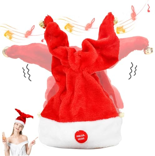 Electric Santa Hat with Bells - Singing, Plush, Battery Operated - Christmas Hat for Adults & Kids