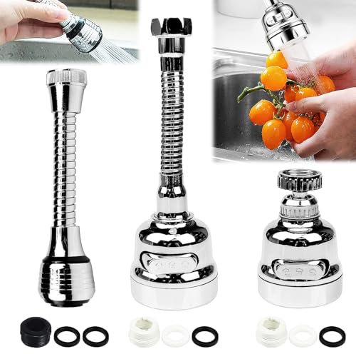 Begpoee 3 Pezzi Spruzzatore Rubinetto, Rubinetto Girevole a 360 °, Prolunga del Rubinetto, Prolunga Rubinetto Cucina Aeratore, Per Accessori per Rubinetti da Cucina e Bagno(Argento)