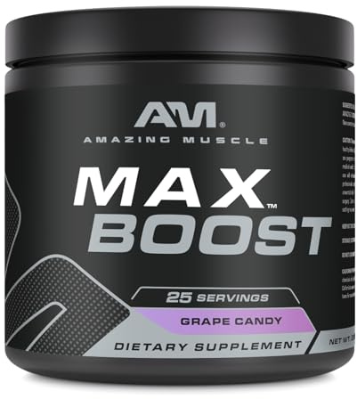 Amazing Muscle Max Boost | 25 Servings | Intense Pre-Workout Supplement for Men & Women | Contains Creatine Monohydrate, Caffeine, Beta-Alanine, Betaine (25 Servings, Grape Candy)