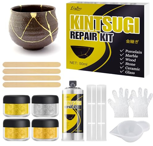 Kintsugi Reparatur Set - Gold & Silber Porzellankleber, Lebensmittel-Safe Kleber für Keramik und Porzellanreparatur, Ideal für Schüsseln, Teller, Vasen, Sinnvolle Geschenke für DIY-Kunst-Enthusiasten