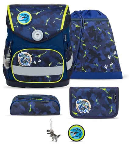 Belmil Compact mit Patches Schulranzen Set 5-teilig mit Brustgurt (405-41/AG/B/S) (T-rex)