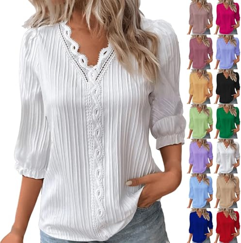 Mujer Cuello en V Encaje Elegante Camiseta Cuello Irregular Moda Color Sólido Elegante Manga Tres Cuartos Cúbico Nudo Torcido Estampado Primavera Mangas Abullonadas Suave Top Transpirable y Cómodo,