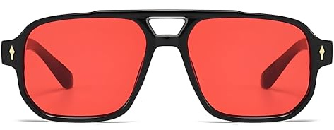 DEWEST Gafas de sol vintage Pilota doble puente cuadradas oversize estilo años 70 para hombres y mujeres, UV400 moda para conducir, viajar y actividades al aire libre, Negro y rojo, Oversize