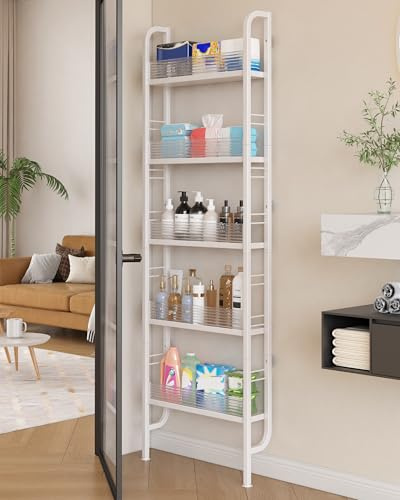 Ornestia Behind Door Storage Organizer Rack, 5 Tier Tall Narrow Metal Storage Bookshelves, Kitchen Slim Shelving Unit, Thin Space Savers Standing Shelf for Pantry Organization（White）