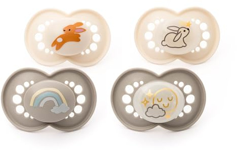 MAM Original Day & Night Dummies, 18-36M, 4 Pack, Grey/Linen | 2x Glow-in-the-Dark, SkinSoft Silicone Teat, Sustainable Materials, Baby Accessories, Orthodontic Design (Designs Vary)