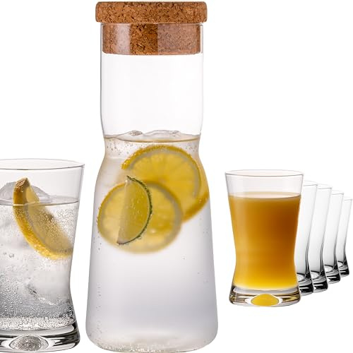 PLATINUX Karaff med korkstängning och 6 dricksglas – glaskaraff 1 000 ml och vattenglas 200 ml av glas – X-form CrossLine diskmaskinssäker