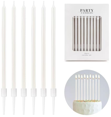24 Pezzi Candele di Compleanno bianco, Candele Lunghe con Supporto,Candele di Perle con Effetto per Decorazioni Torta,Decorazioni Eleganti per Feste di Compleanno per Ragazze,per Party a Tema
