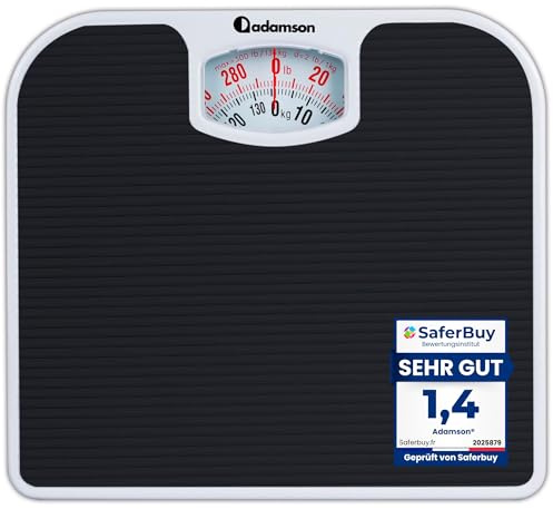 Adamson A21 Bascula de Baño Analogica - Hasta 136 KG - Superficie de Goma Antideslizante - Bascula Analogica - Duradera Con Garantía de 20 Años - Negro